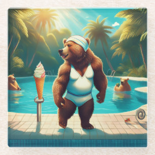 Grizzly Bears At The Pool Glass Coaster