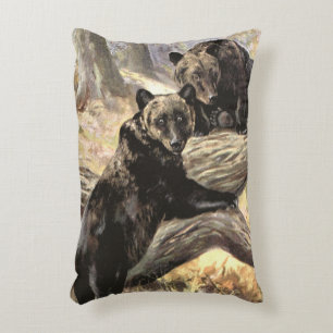 Grizzly Bears by CE Swan, Vintage Forest Animals Accent Pillow