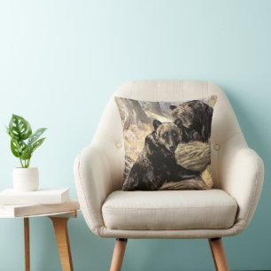 Grizzly Bears by CE Swan, Vintage Forest Animals Throw Pillow