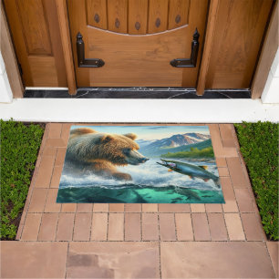 Grizzly Bears with steelhead trout salmon  36x24 Doormat