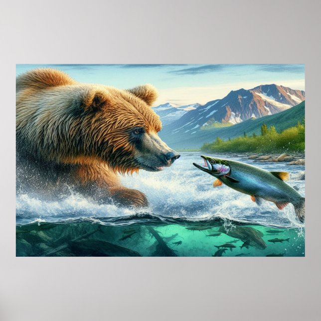 Grizzly Bears with steelhead trout salmon  36x24 Poster (Front)