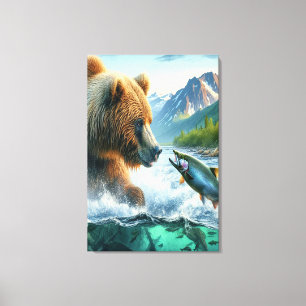 Grizzly Bears with steelhead trout salmon Canvas Print