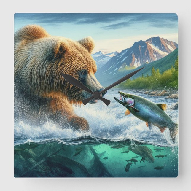 Grizzly Bears with steelhead trout salmon hurdling Square Wall Clock (Front)