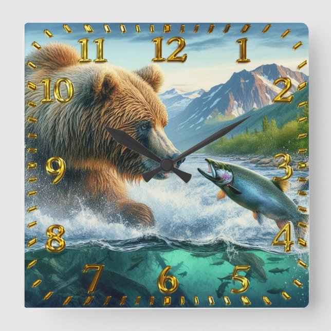 Grizzly Bears with steelhead trout salmon leaping Square Wall Clock (Front)