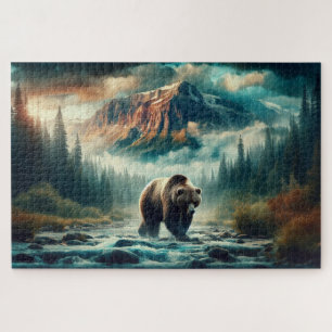 Grizzly Crossing, Grizzly Bear, Mountain Landscape Jigsaw Puzzle