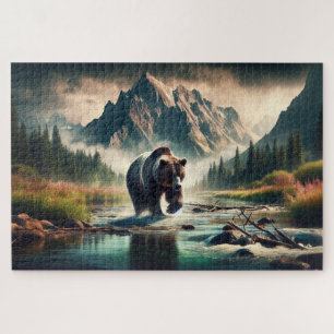 Grizzly Crossing, Grizzly Bear, Mountain Landscape Jigsaw Puzzle