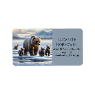 Grizzly Mother Baby Bear Cubs Frozen Lake Red Fox Label