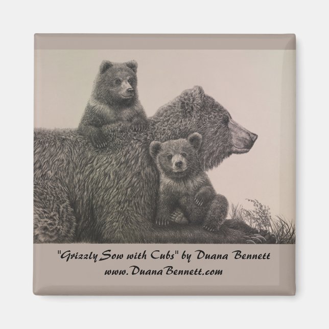 "Grizzly Sow with Cubs" drawing on a magnet (Front)