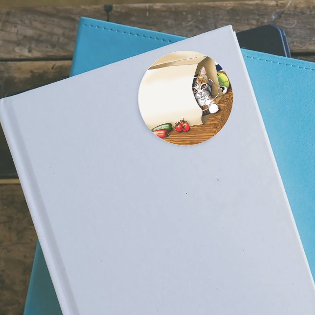 Groceries Paper Bag Cat Kitchen Blue Classic Round Sticker (Creator Uploaded)