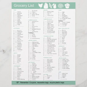 Grocery List of food, paper, cleaning products etc