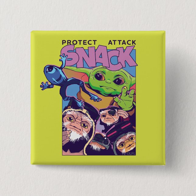 Grogu - Protect. Attack. SNACK! 2 Inch Square Button (Front)
