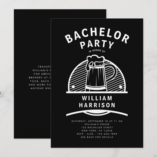 Groom Bachelor Party Black and White Brewery Tour Invitation (Front/Back)