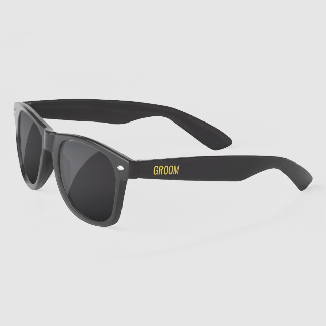 Groom Black And Gold Fun Personalized Wedding Sunglasses (Left)