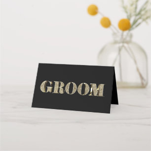 Groom Black and Gold Golden Glitter Typography Place Card