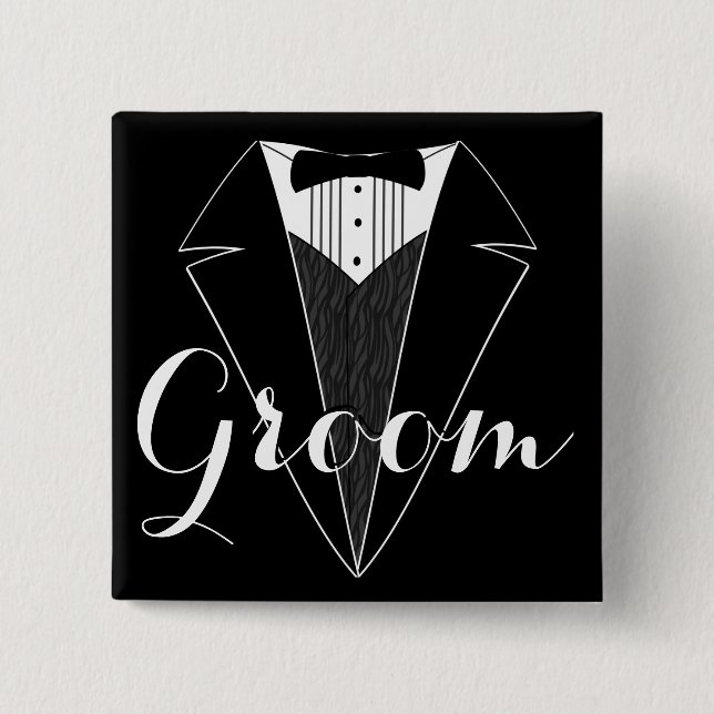 Groom Black and White Tux Wedding Party Button (Front)