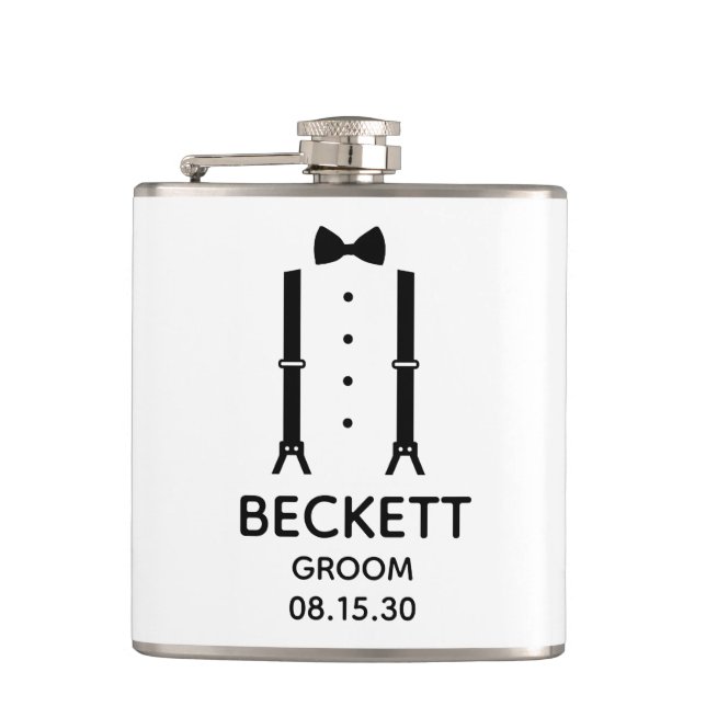Groom Black Bow Tie Hip Flask (Front)