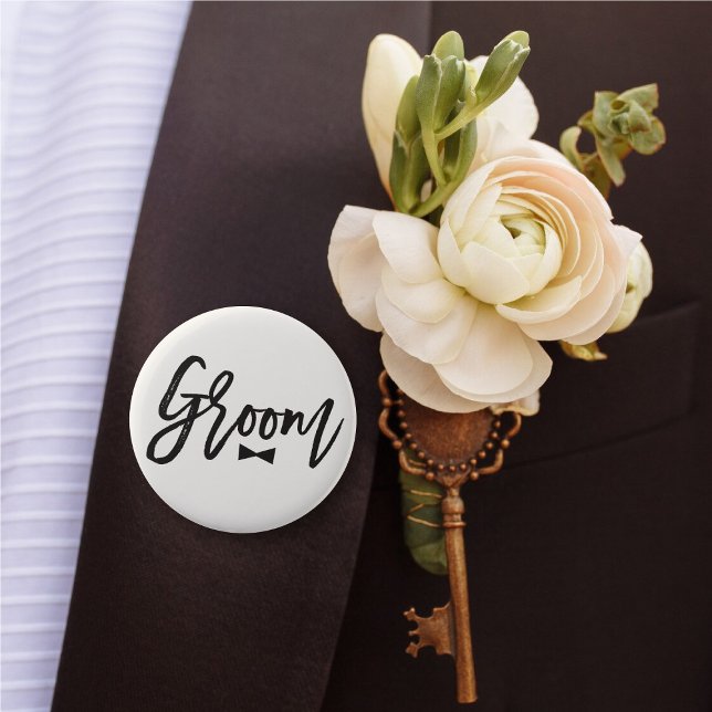 Groom Black Brush Script Bow Tie Wedding Party 2 Inch Round Button ('Groom' Bow Tie Black Brush Script Calligraphy Wedding Rehearsal Pin Button @ fatfatin_blue_knot)