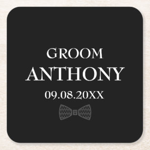Groom Black Elegant Custom Name Gifts Wedding Square Paper Coaster