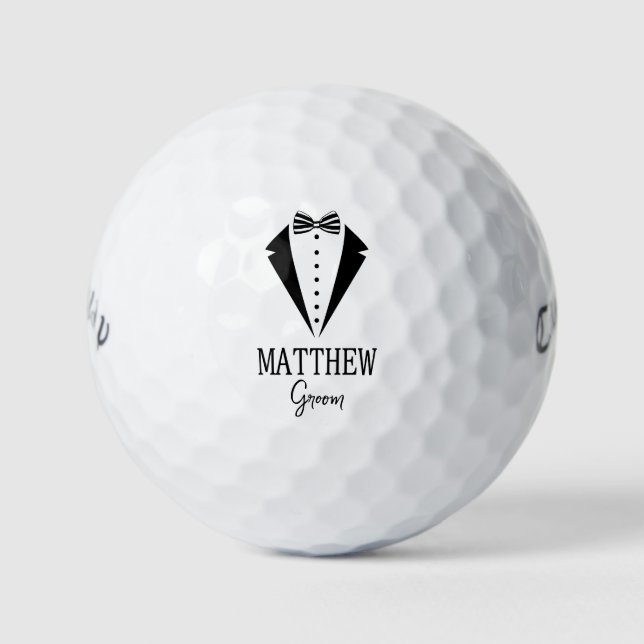 Groom Black Tuxedo With Striped Bow Tie Golf Balls (Front)
