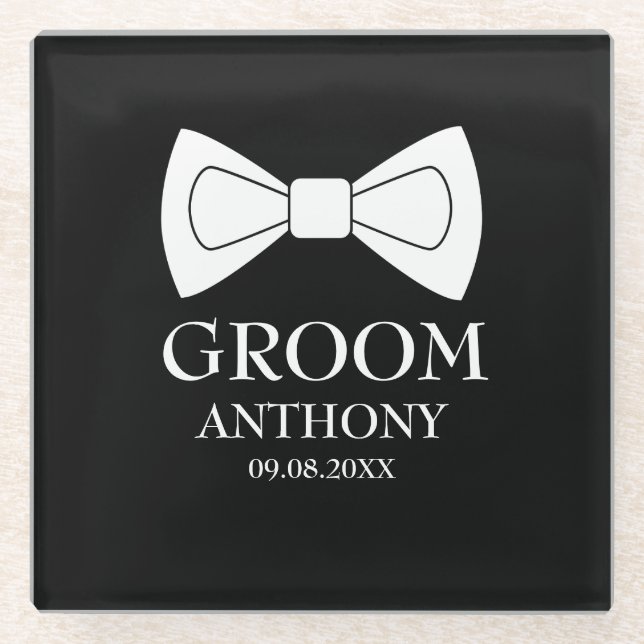 Groom Black White Elegant Modern Wedding  Glass Coaster (Front)