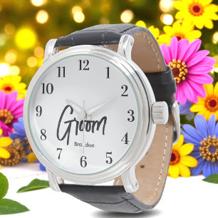 Groom Black White Script Wedding  Watch
