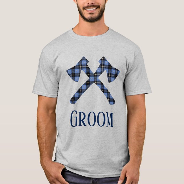 Groom blue and black plaid double cross axe T-Shirt (Front)