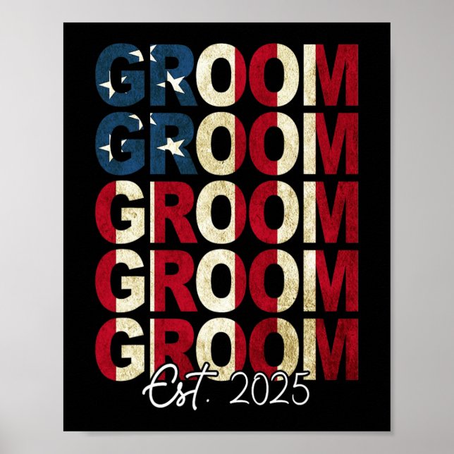 Groom Bride Est. 2025 Us Flag Just Married Couples Poster (Front)