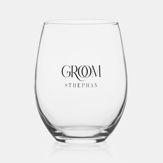 Groom Elegant Grey Typography Stemless Wine Glass (Front)