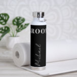 Groom elegant typography name script personalized  water bottle<br><div class="desc">Elegant chic black and white wedding water bottle personalized with custom groom's name in chic signature style calligraphy script.      Please note that the colours can be changed to match your specific colour palette.</div>