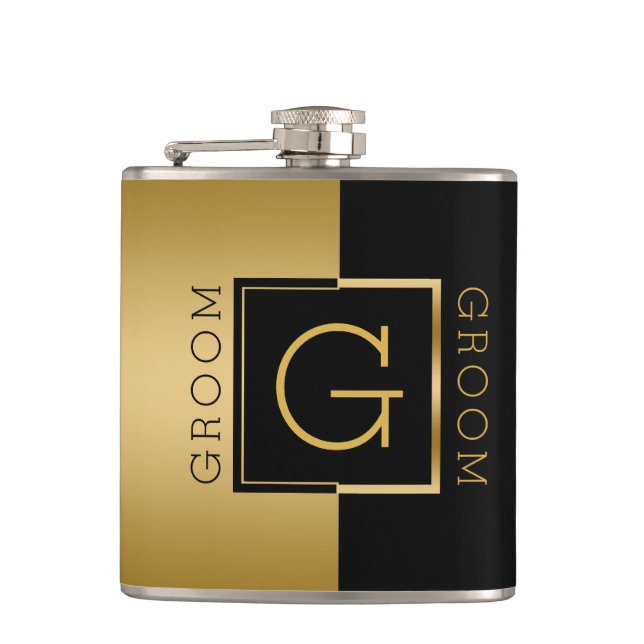 Groom Gold & Black Modern Geometric Design Hip Flask (Front)