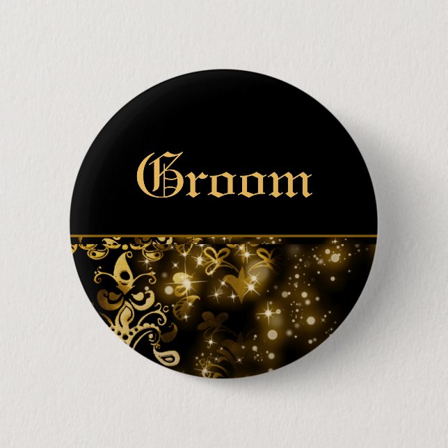 Groom gold black wedding bridal party 2 inch round button (Front)