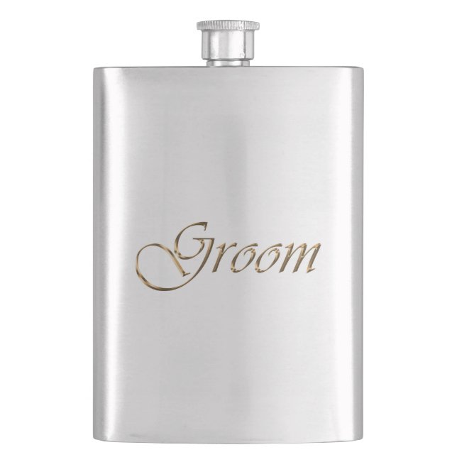 Groom, gold script elegant chic hip flask (Front)