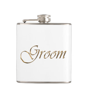 Groom, gold script elegant chic white  hip flask