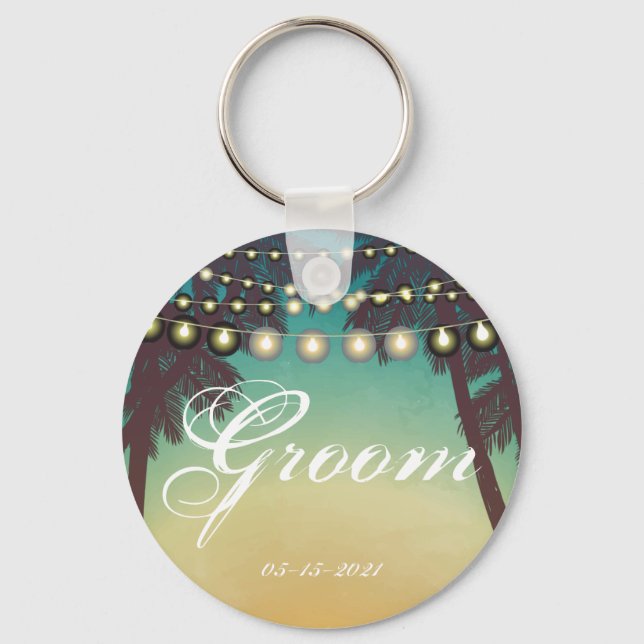 Groom Key Chain Beach Sunset Palm Tree String Ligh (Front)
