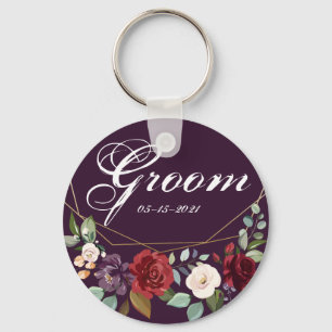 Groom Key Chain Plum Purple Roses Gold Geometric