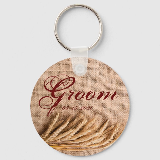Groom Key Chain Wheat on Burlap Sack Country Rusti (Front)