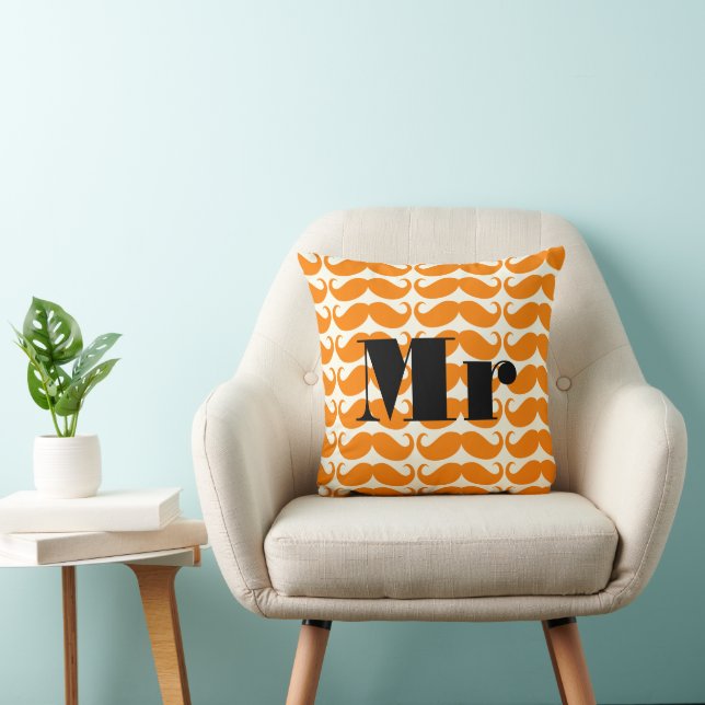 Groom Orange and Ivory Mr  Moustache Patten Throw Pillow (Chair)