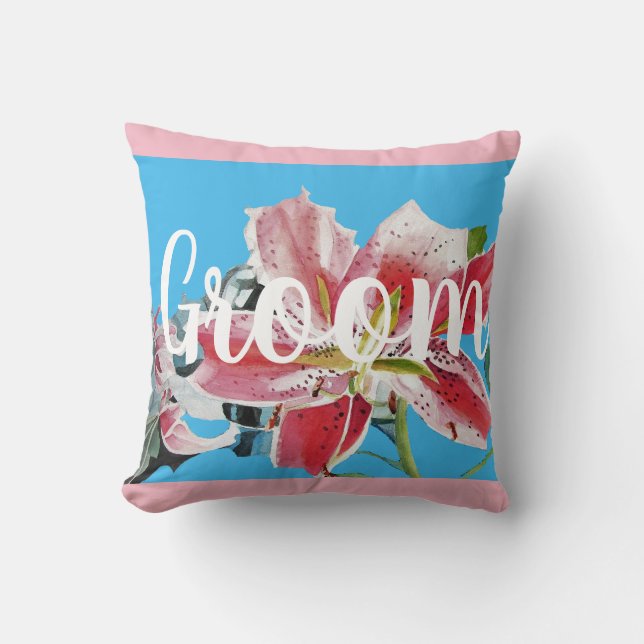 Groom Pink Retro Lily floral Wedding Decor Cushion (Front)