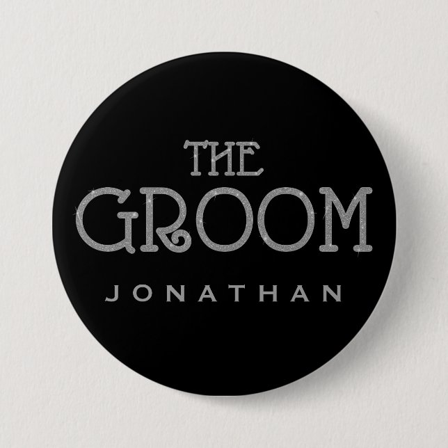 Groom Silver Faux Glitter Name Tag Button (Front)