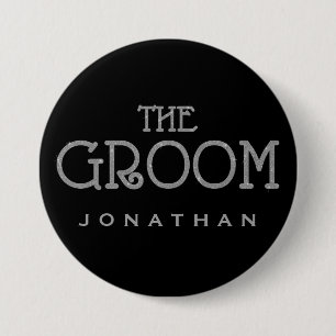 Groom Silver Faux Glitter Name Tag Button
