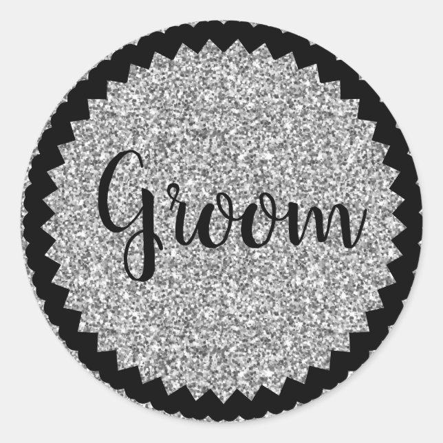 Groom Silver Glitter Classic Round Sticker Custom (Front)