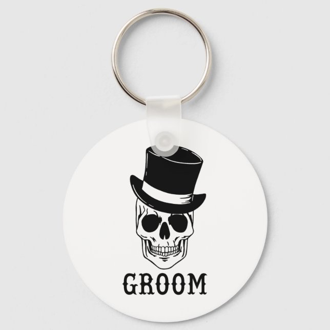 Groom Skull With Hat Bride Halloween Wedding Bache Keychain (Front)