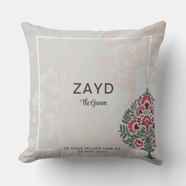 Groom Throw Pillow – Custom Name Mughal Flower (Front)