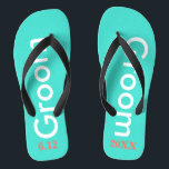 Groom Turquoise Flip Flops<br><div class="desc">Groom is written in white text against bright turquoise blue with black accents.  Personalize with date of wedding in coral. Cool beach destination or honeymoon flip flops. Original designs by TamiraZDesigns.</div>