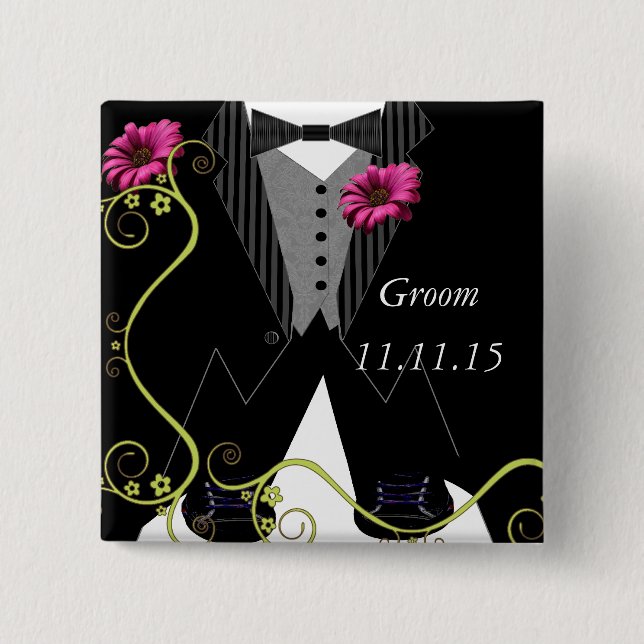 Groom Tuxedo Bow Tie Tennis Shoe Wedding Badges 2 Inch Square Button (Front)