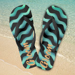 Groom Waves Marine Beach Wedding Flip Flops<br><div class="desc">Groom Waves Marine Beach Wedding Flip Flops. Wedding flip flops for the summer wedding or beach wedding for the groom. Abstract turquoise waves on a black background. A modern and trendy marine flip flop. Great for your summer beach wedding.</div>