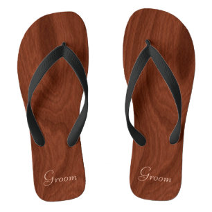 Groom Wedding Day Rustic Wood Look Beach Honeymoon Flip Flops
