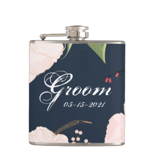 Groom Whiskey Flask Baby Pink Cosmos on Navy