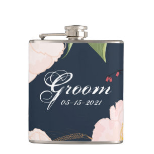 Groom Whiskey Flask Baby Pink Cosmos on White