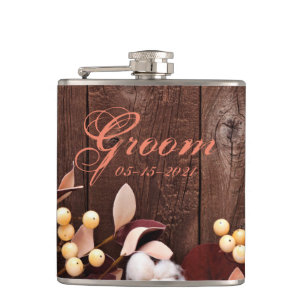 Groom Whiskey Flask Cotton Branch on Dark Wood Ste